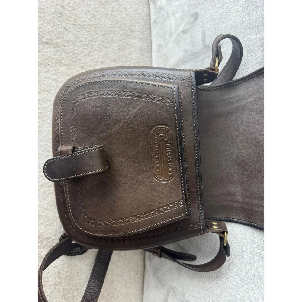 Anna Cainzo Brown Leather Saddle Crossbody Bag Stamped Detail Made in Bolivia